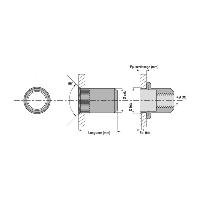 Écrou à sertir cranté inox tête réduite